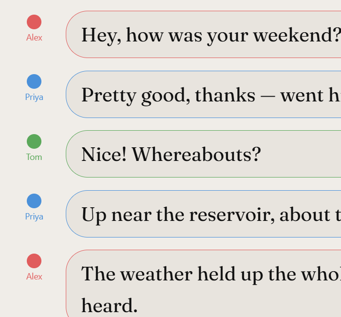 Three speakers in a Talk To Dot conversation, each shown in their own colour